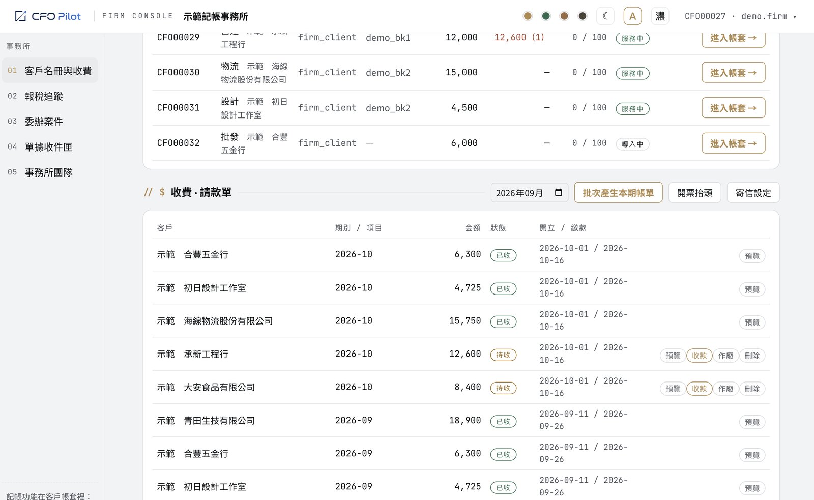 公費請款單列表：同一期的帳單依客戶列出，已收與待收分開，待收才有收款與作廢